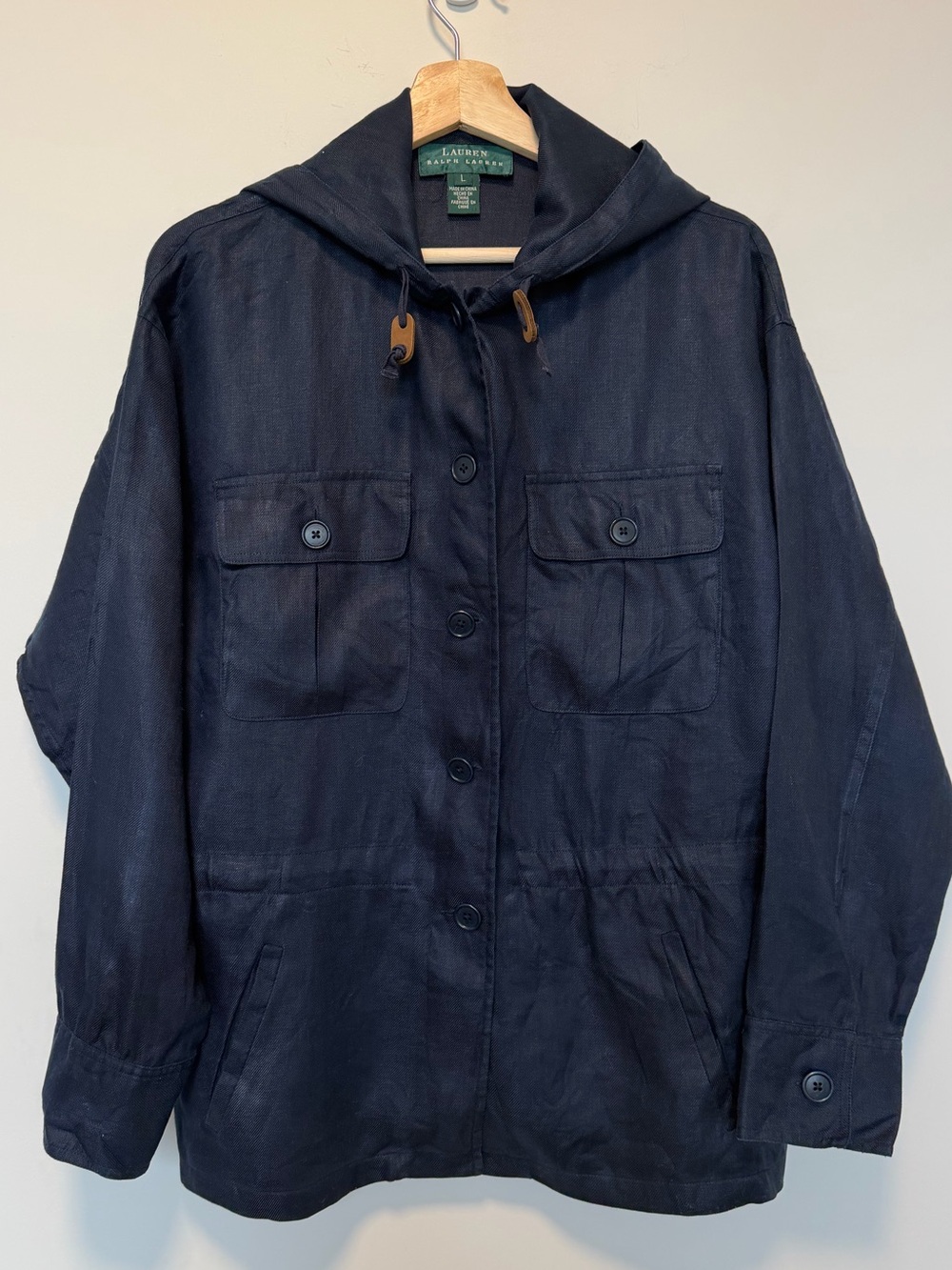 100% Linen Lauren Ralph Lauren Navy Hooded Button-Up Jacket Women’s Size L